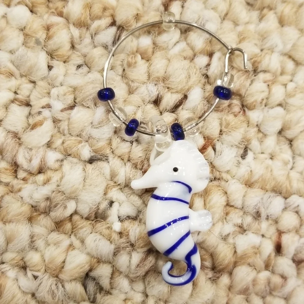 HANDMADE Blue with White Wine Glass Charm Rings